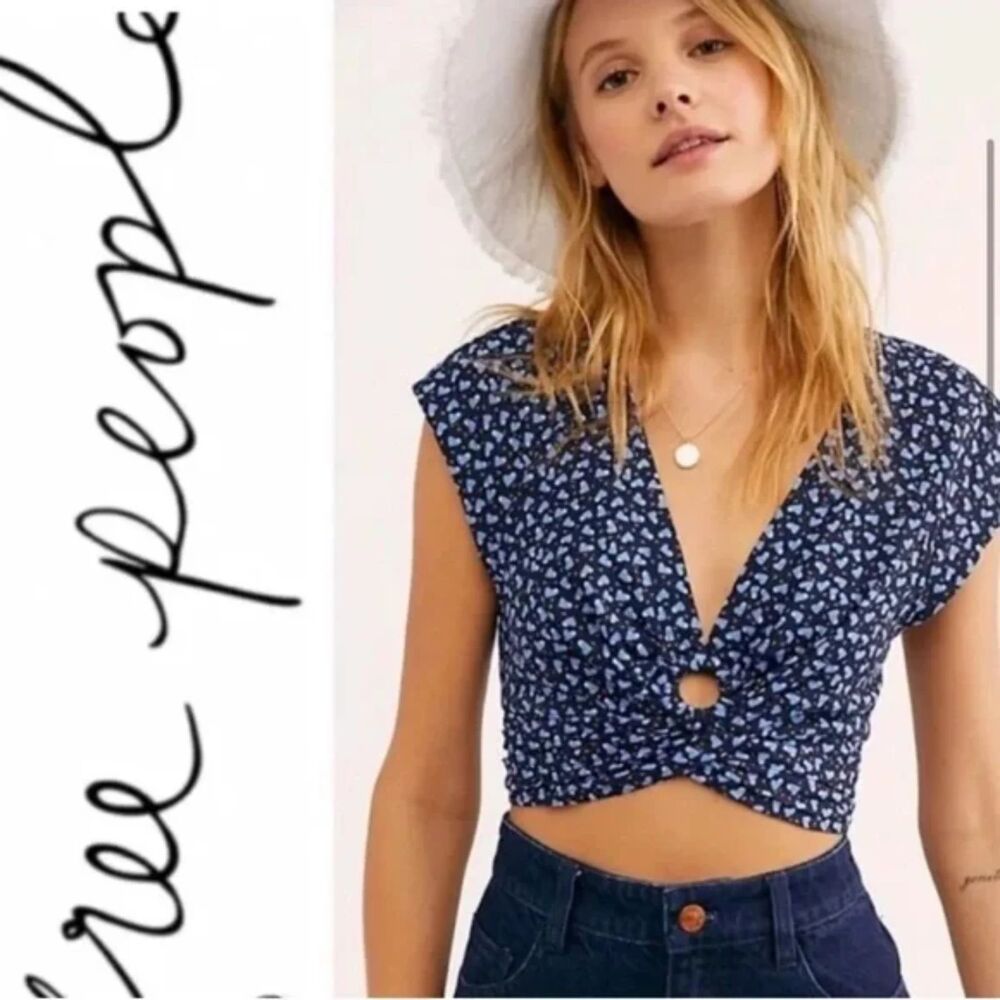Free People Havana Honey Crop Top | Blue Smocked Linen Blend | Size S